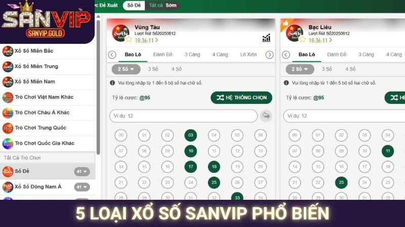 5 loại xổ số SANVIP phổ biến